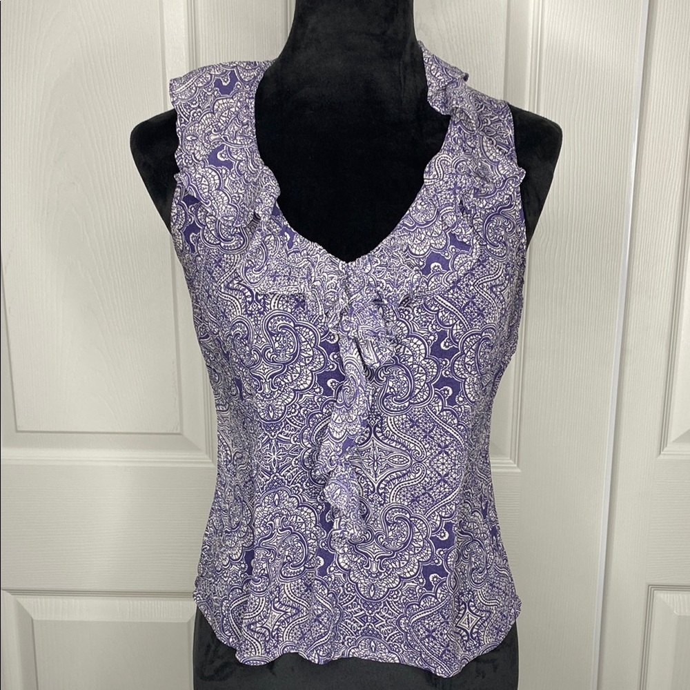 Ann Taylor 100% Silk Sleeveless Ruffle Blue Paisley Sheer Top Blouse Size Small